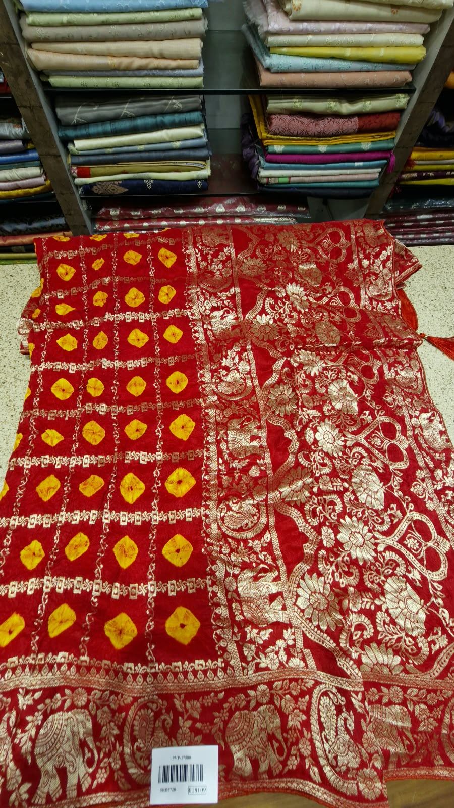 Red bandhej Banarasi saree